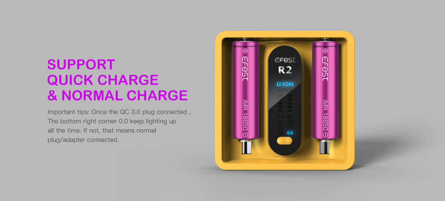 Cargador Efest iMate R2 mostrando compatibilidad con baterías 26650, AA y AAA
